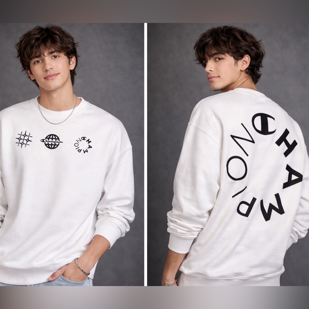 Vintage 90s Champion White Sweatshirt with Black Graphics Size M